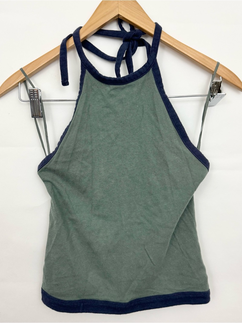 American Eagle high neck halter crop top olive green navy blue tie XS